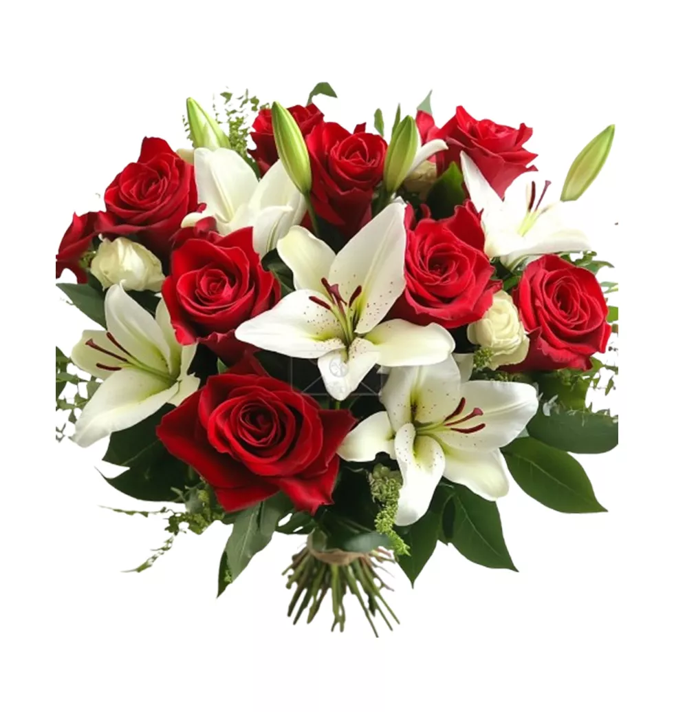 Crimson Roses With White Lilies