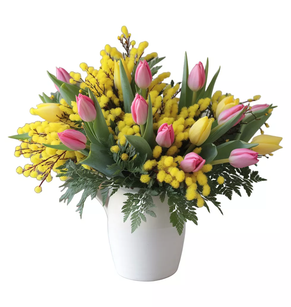 Blushing Tulips & Mimosa Arrangement